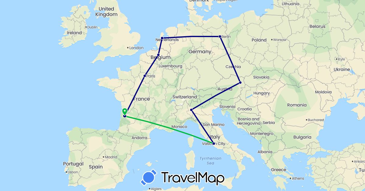TravelMap itinerary: driving, bus in Austria, Belgium, Germany, France, Italy, Netherlands (Europe)